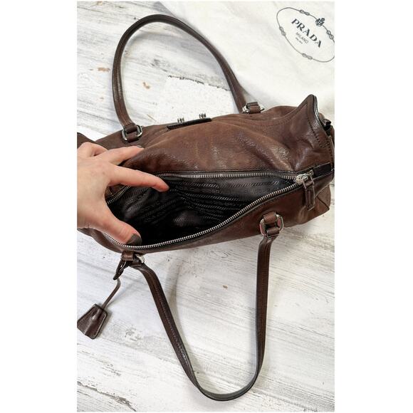 Prada Chocolate Brown Leather Cervo Antik Easy Foldover Pushlock Shoulder Purse - Picture 11 of 14